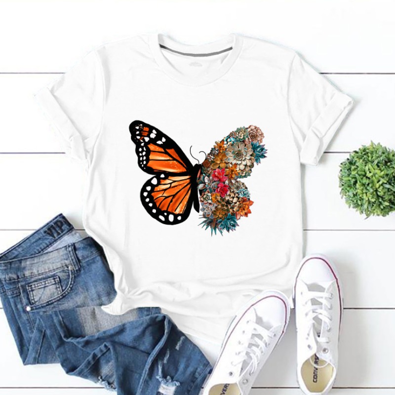 Lovely Leisure O Neck Butterfly Print White T-shirt