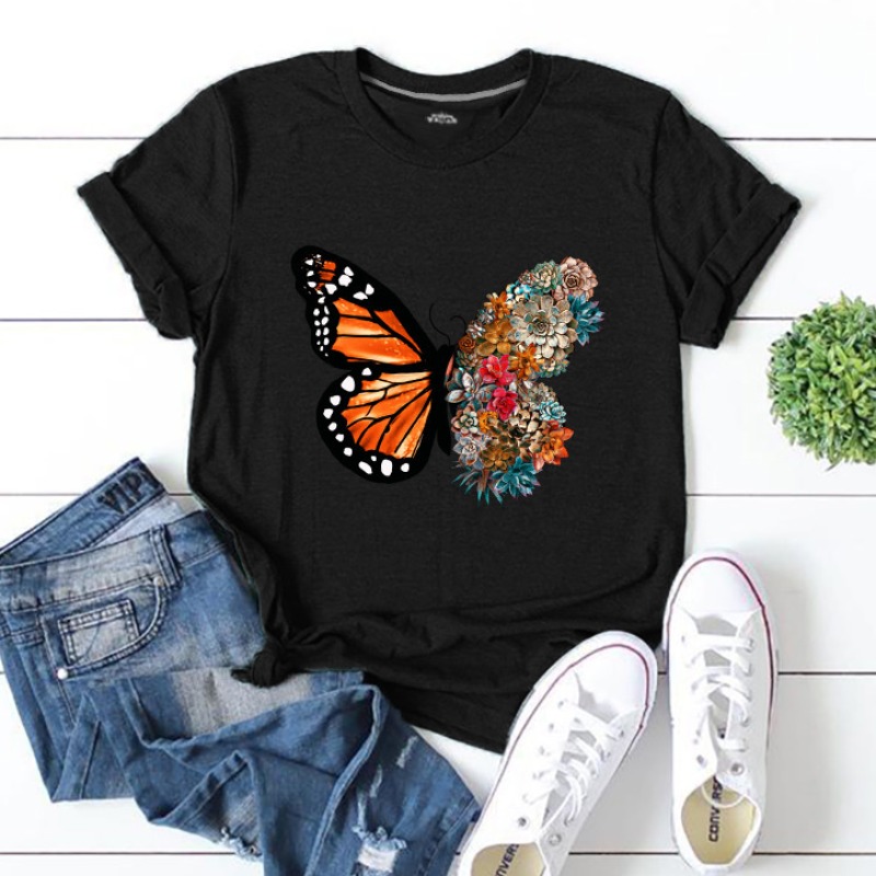 

Lovely Leisure O Neck Butterfly Print Black T-shirt
