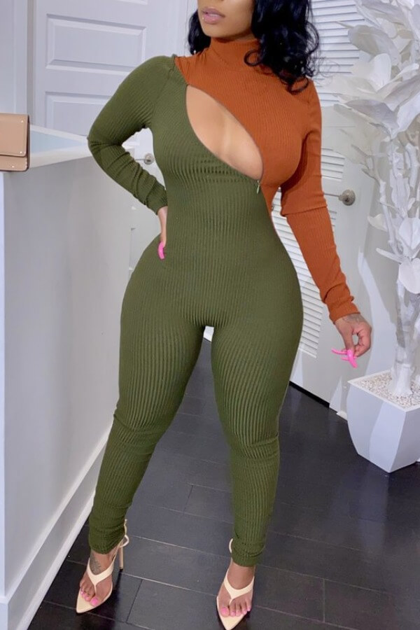 

Lovely Trendy Patchwork Hollow-out Army Green One-piece Jumpsuit