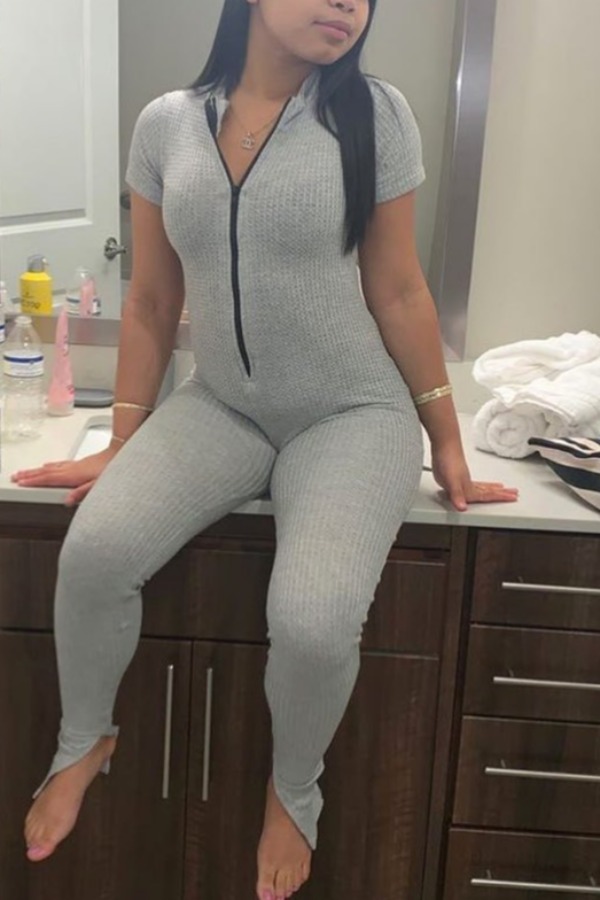 

Lovely Leisure Zipper Design Grey One-piece Jumpsuit