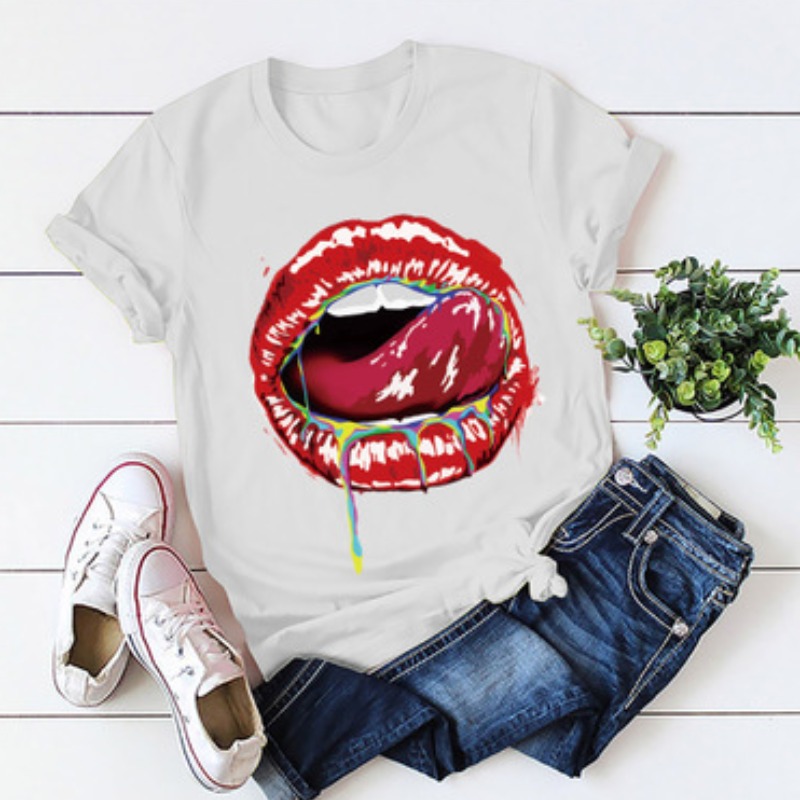 

Lovely Casual O Neck Lip Print White Plus Size T-shirt