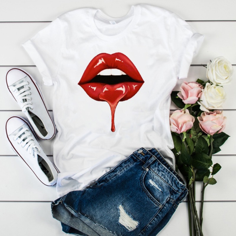 

LW Plus Size Casual O Neck Lip Print White T-shirt