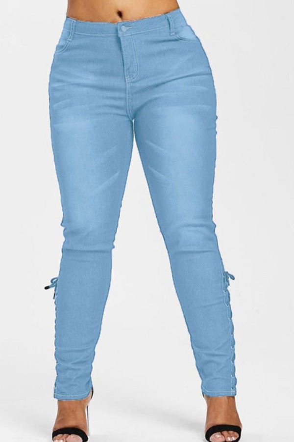 

Lovely Stylish Bandage Design Baby Blue Plus Size Jeans