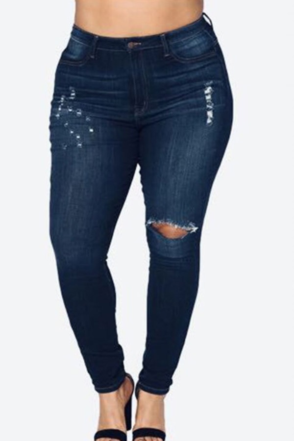 Lovely Stylish Hollow-out Navy Blue Plus Size Jeans