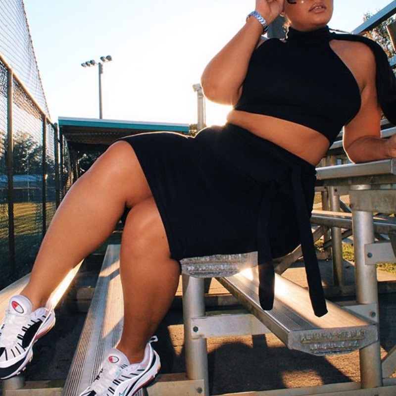 

Lovely Stylish Lace-up Black Plus Size Two-piece Skirt Set