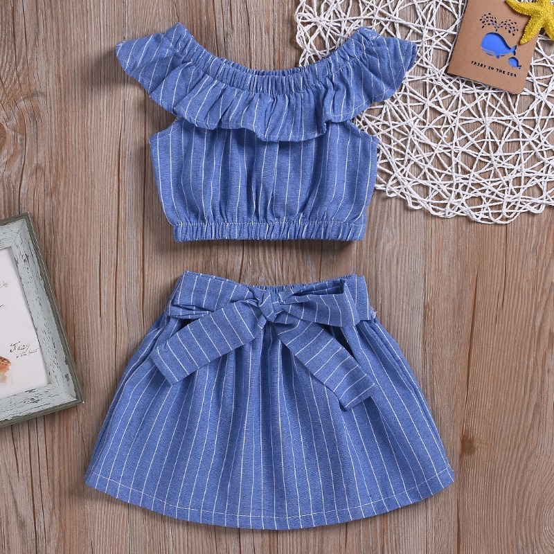 

Lovely Stylish Striped Deep Blue Girl Two-piece Skirt Set