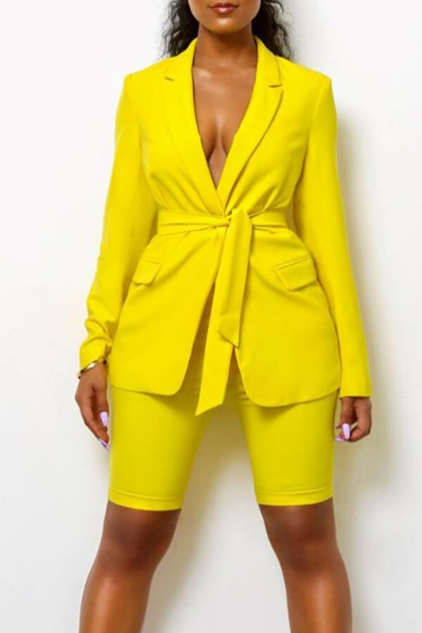 

Lovely Stylish Lace-up Yellow Two-piece Shorts Set