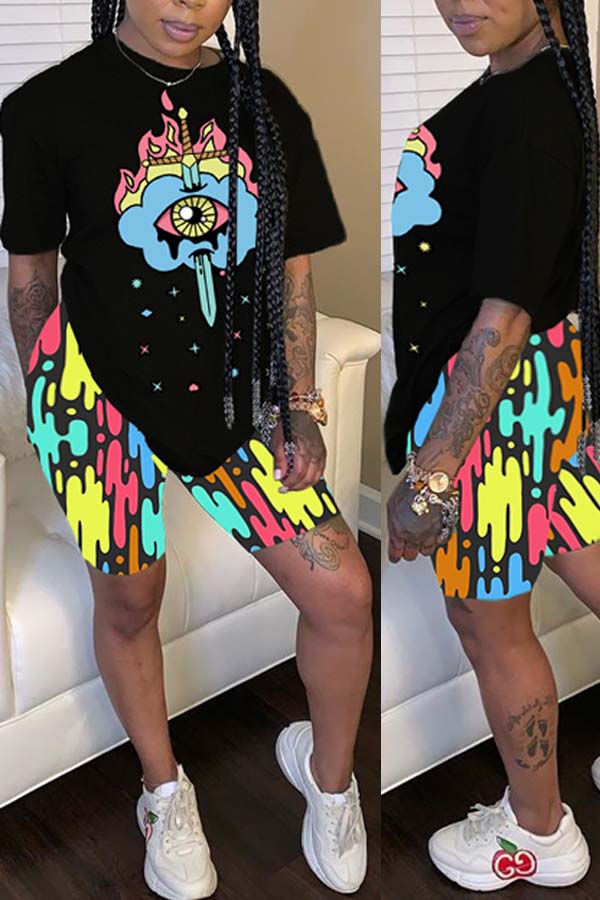 

Lovely Stylish Print Black Two-piece Shorts Set