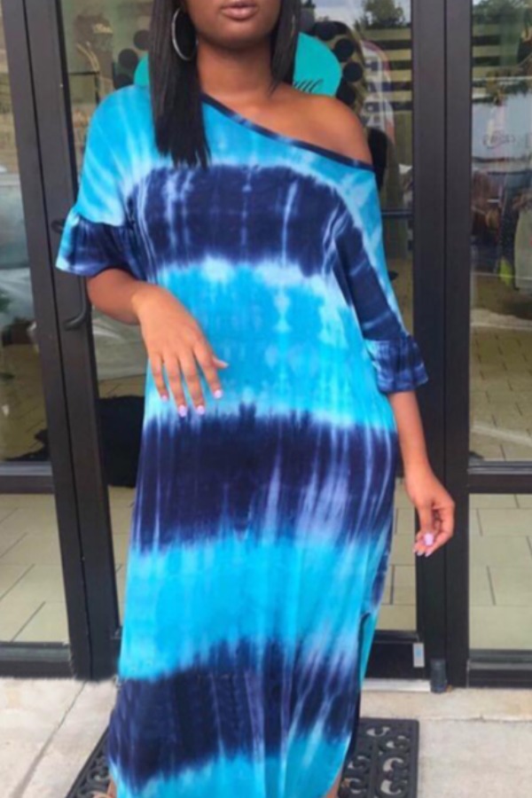 

Lovely Leisure O Neck Tie-dye Blue Ankle Length Dress