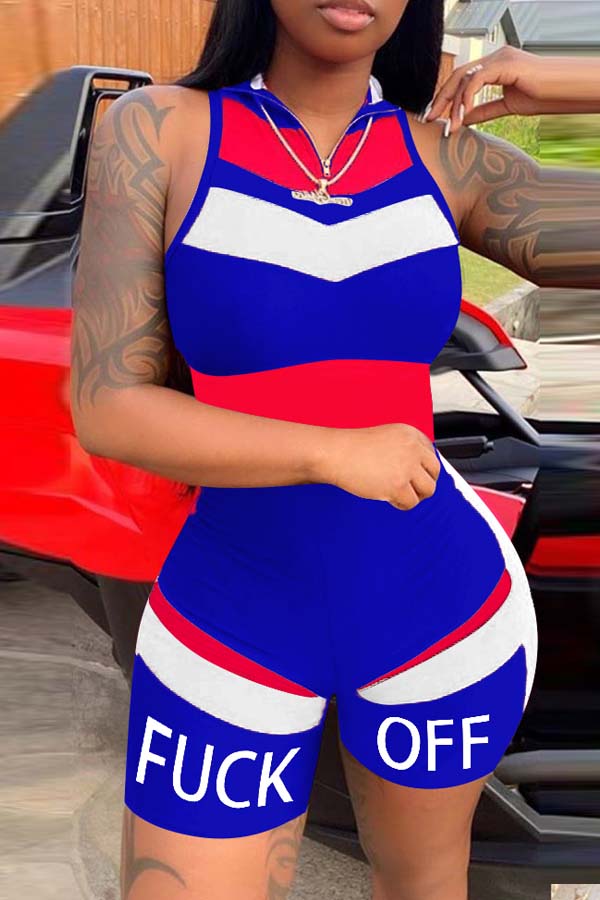 

Lovely Sportswear Patchwork Blue One-piece Romper