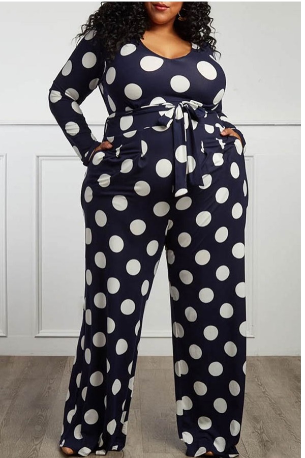 

Lovely Stylish Dot Print Dark Blue Plus Size One-piece Jumpsuit