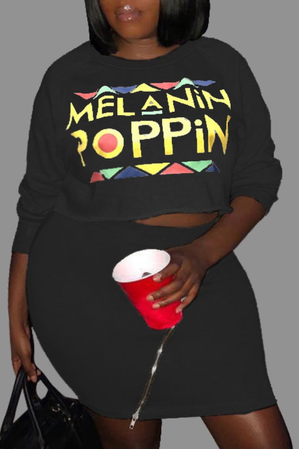 

Lovely Trendy Zipper Design Black Plus Size Two-piece Skirt Set