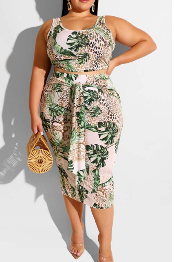 

Lovely Trendy Plants Print Green Plus Size Two-piece Skirt Set