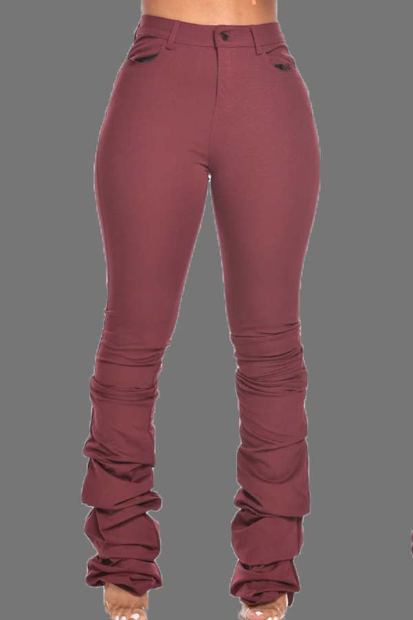 

Lovely Casual Fold Design Wine Red Pants