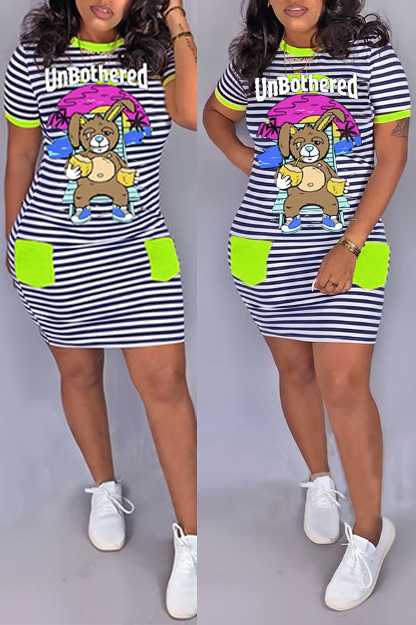 

Lovely Leisure O Neck Striped Green Mini Dress