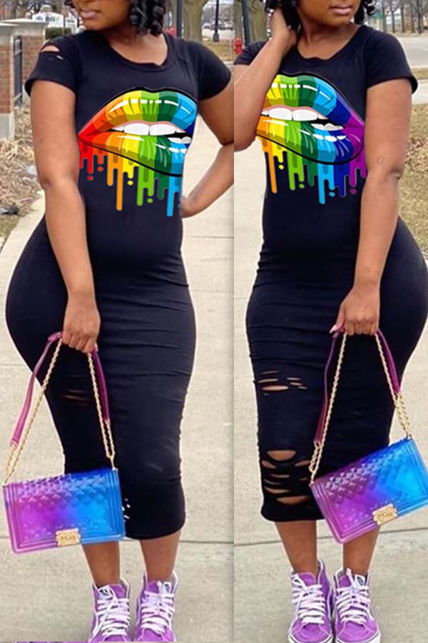 

Lovely Casual O Neck Lip Print Black Mid Calf Dress