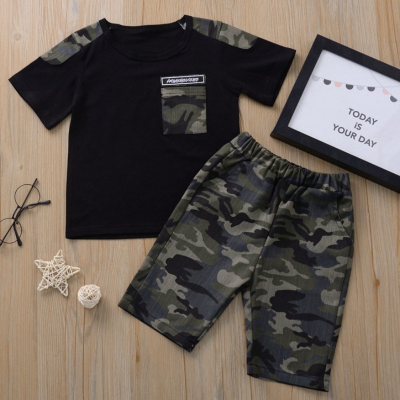 

Lovely Casual Print Patchwork Black Boy Two-piece Shorts Set