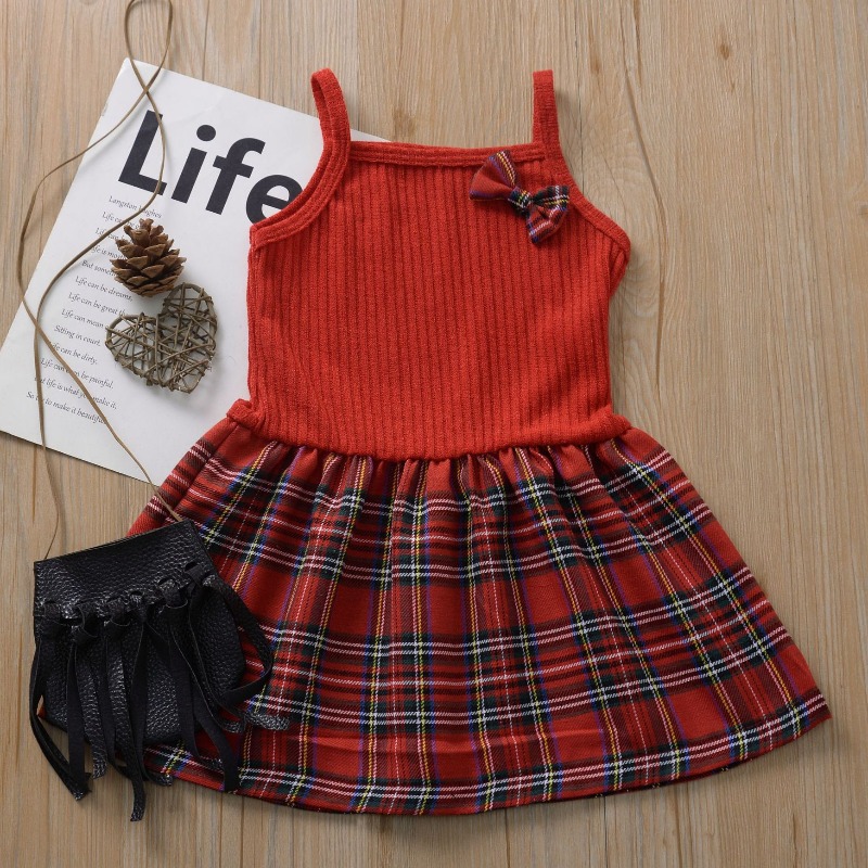 

Lovely Sweet Grid Patchwork Red Girl Knee Length Dress