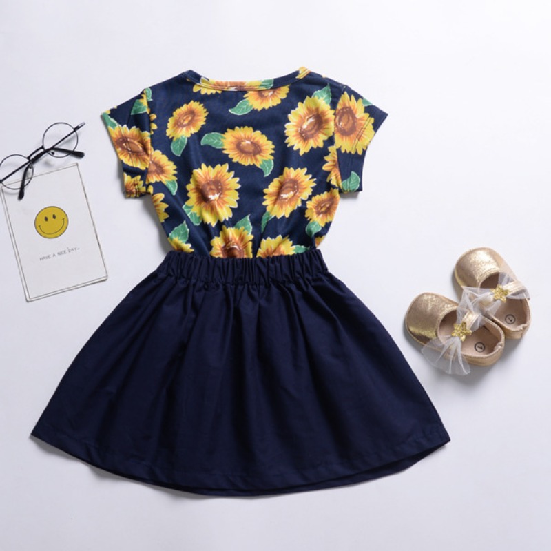 

Lovely Sweet Print Patchwork Royalblue Girl Two-piece Skirt Set