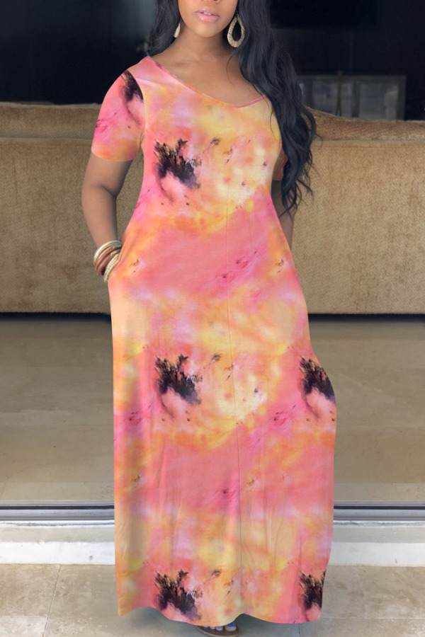 

Lovely Bohemian V Neck Print Red Maxi Dress