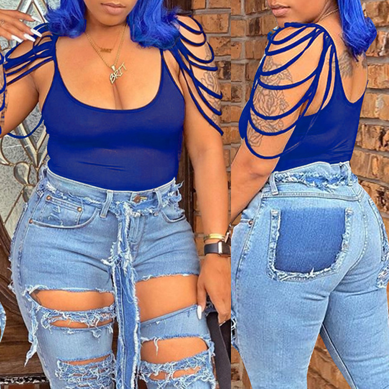 

Lovely Sexy Hollow-out Blue Camisole