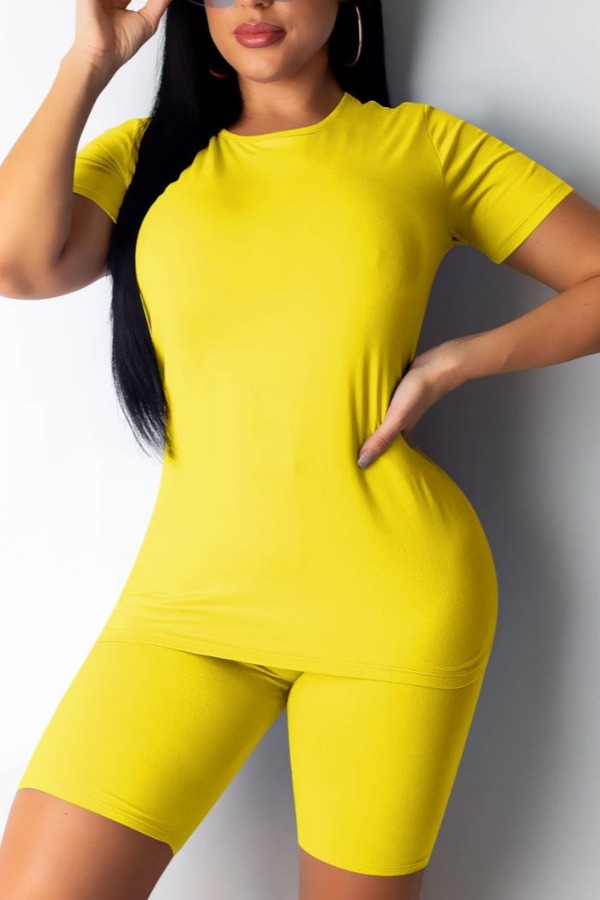 

Lovely Leisure O Neck Basic Yellow Two-piece Shorts Set