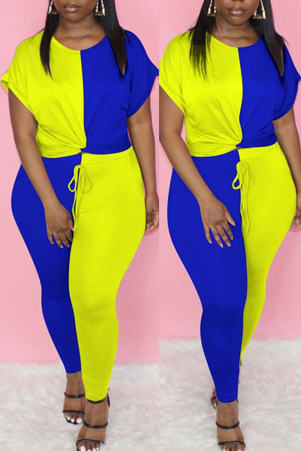 

Lovely Casual Patchwork Blue Two-piece Pants Set