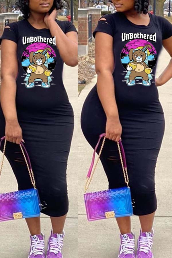 

Lovely Stylish Cartoon Print Black Mid Calf Plus Size Dress