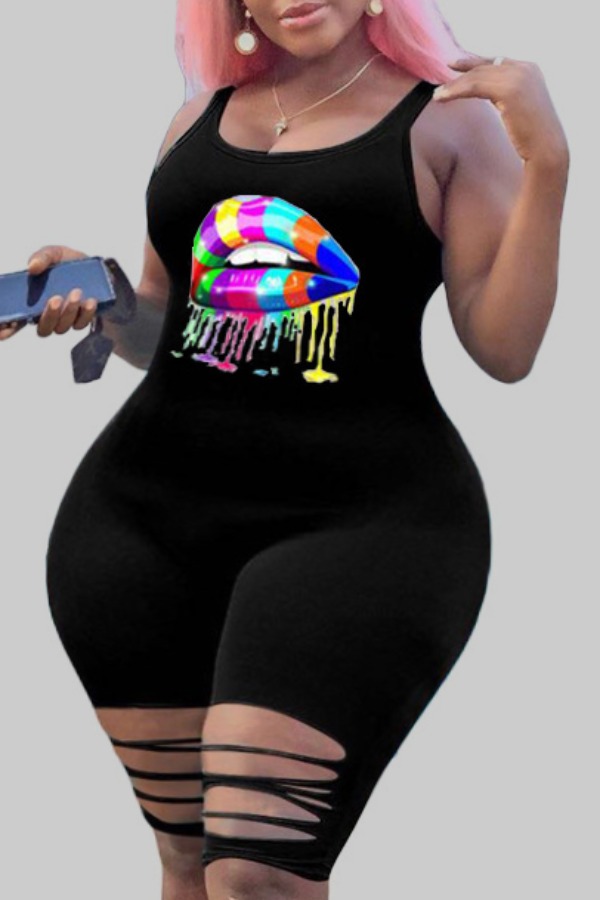 

Lovely Casual Lip Print Black Plus Size One-piece Romper