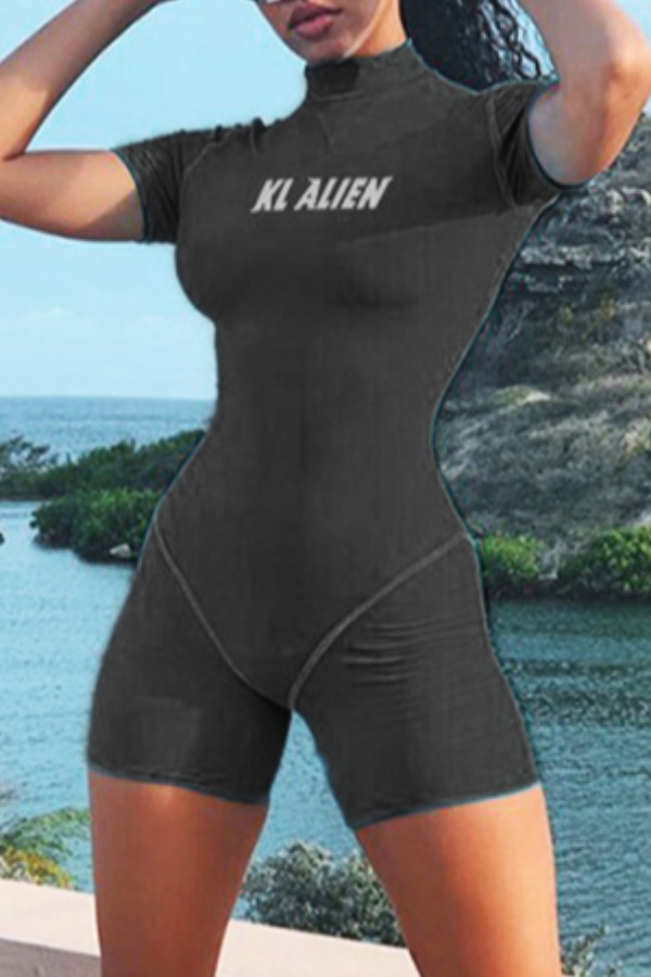 

Lovely Sportswear Letter Black One-piece Romper
