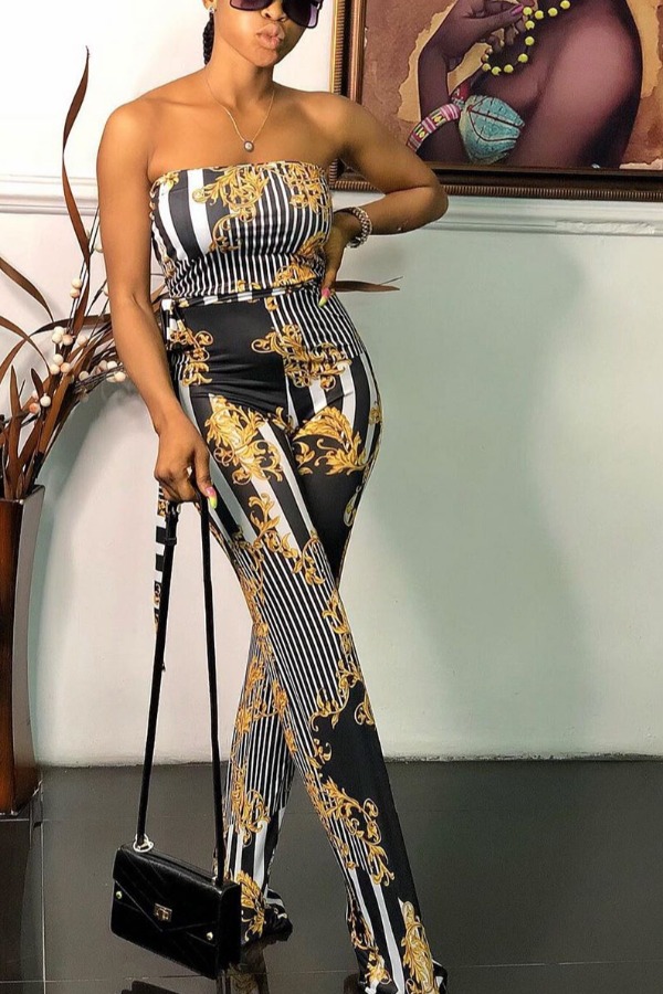 

Lovely Trendy Dew Shoulder Print Black One-piece Jumpsuit