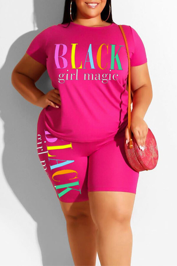 

Lovely Leisure Letter Print Pink Plus Size Two-piece Shorts Set