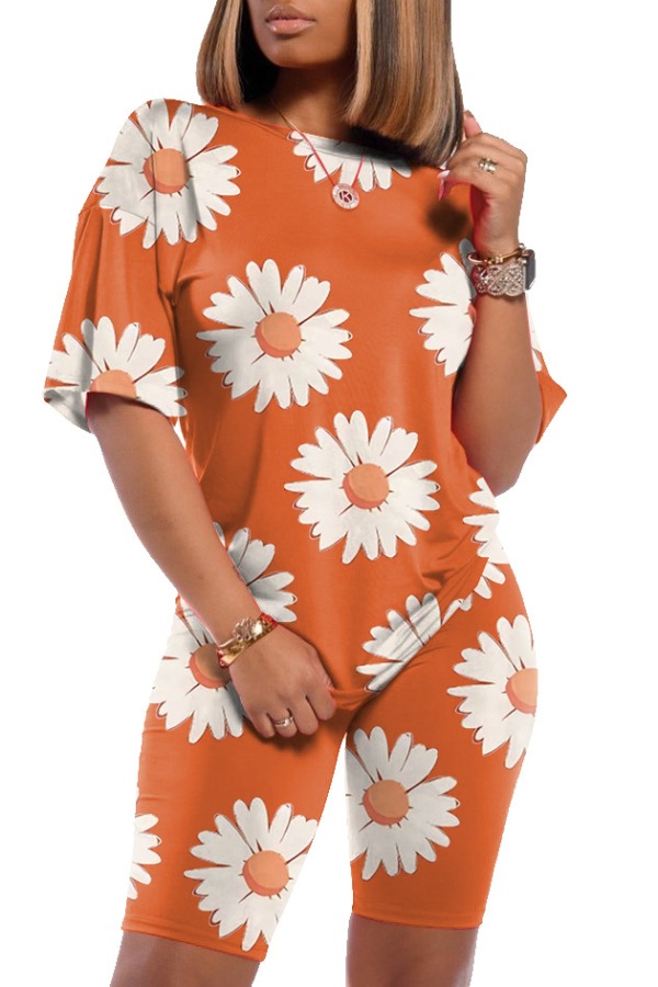 

Lovely Casual O Neck Print Croci Two-piece Shorts Set
