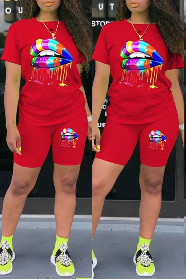 

Lovely Casual Lip Print Red Two-piece Shorts Set