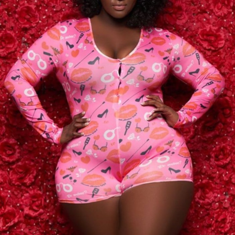 

Lovely Leisure Lip Print Pink Plus Size One-piece Romper