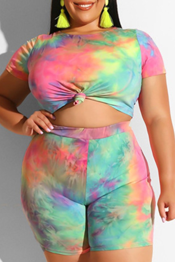 

lovely Stylish O Neck Tie-dye Multicolor Plus Size Two-piece Shorts Set, Multi