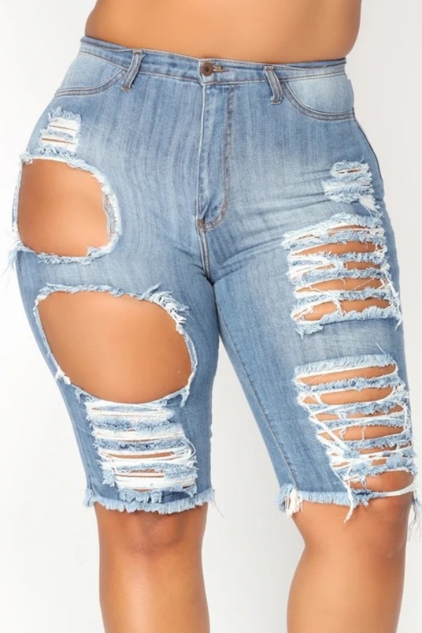 

lovely Stylish Hollow-out Blue Plus Size Shorts
