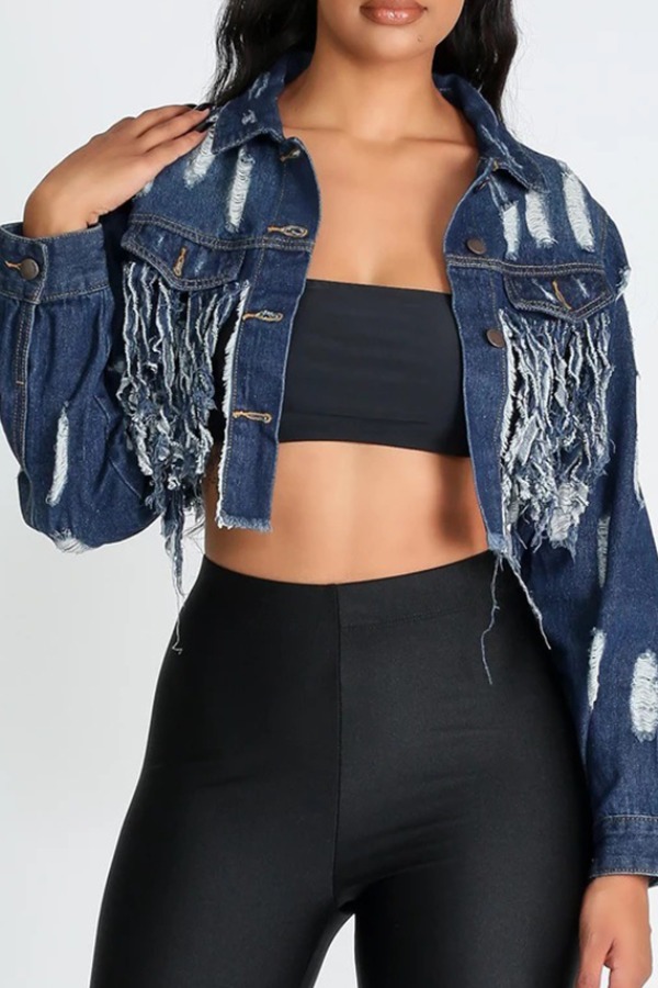 

Lovely Stylish Tassel Design Deep Blue Plus Size Jacket