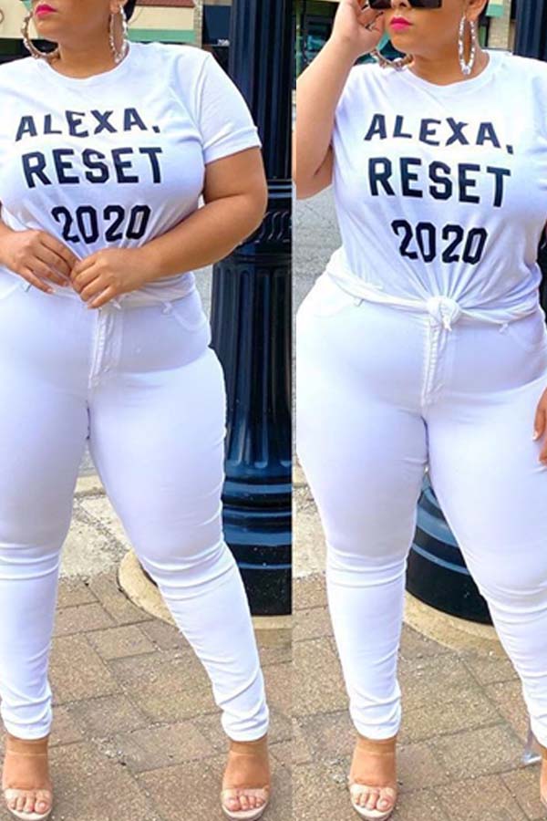 

lovely Leisure O Neck Letter Print White Plus Size T-shirt