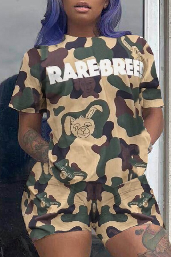

lovely Leisure O Neck Print Army Green Two-piece Shorts Set