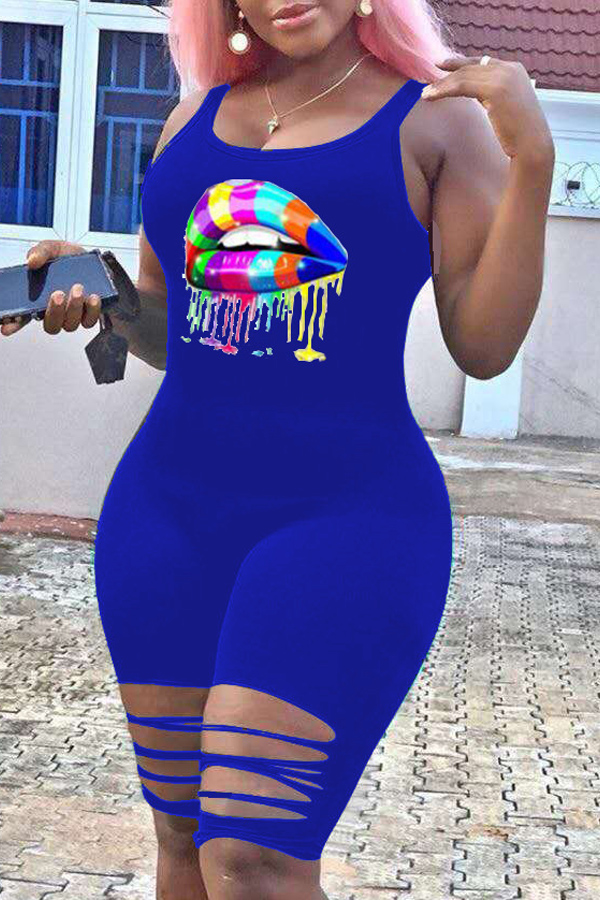 

lovely Casual Lip Print Blue One-piece Romper