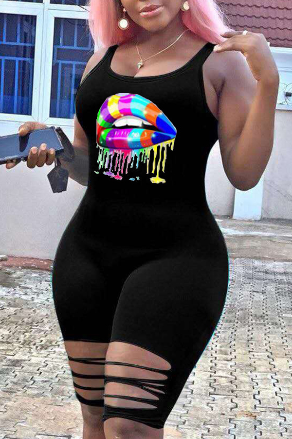 

lovely Casual Lip Print Black One-piece Romper