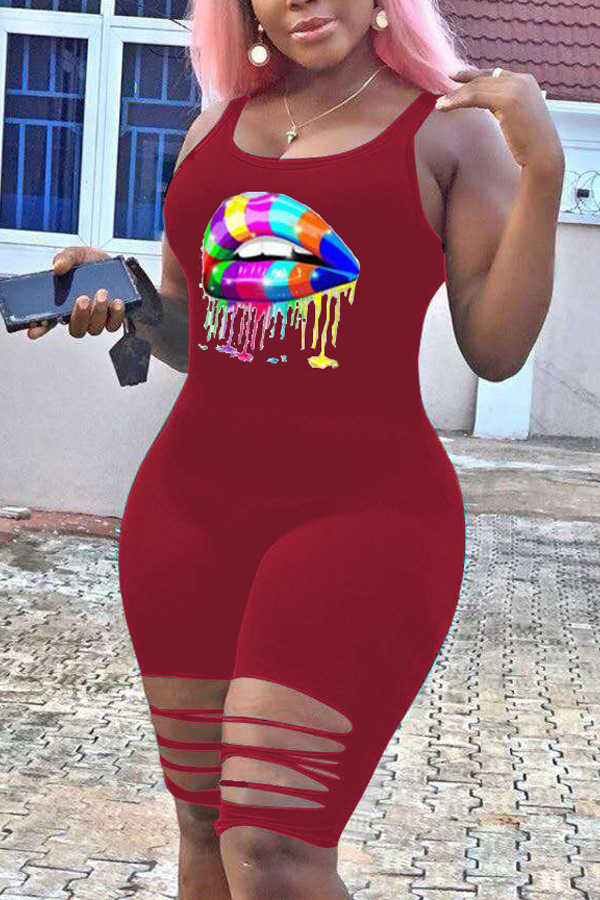 

lovely Casual Lip Print Red One-piece Romper
