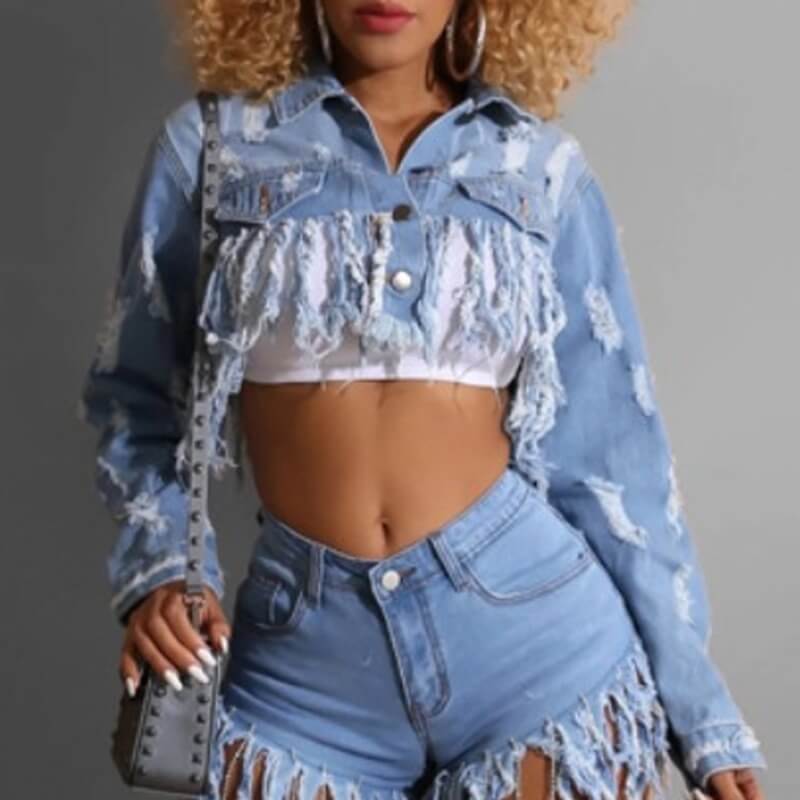 

Lovely Stylish Tassel Design Baby Blue Jacket