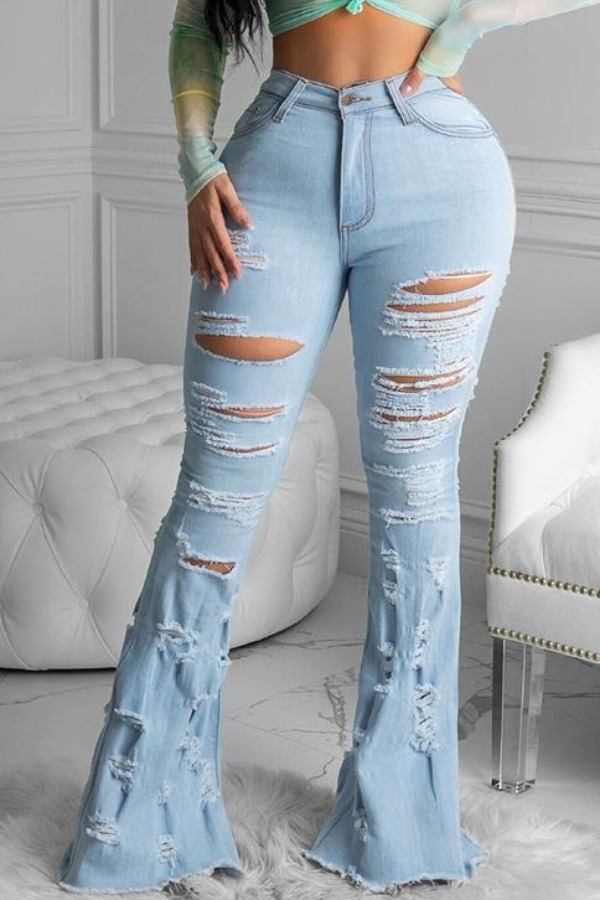 

lovely Trendy Hollow-out Baby Blue Plus Size Jeans