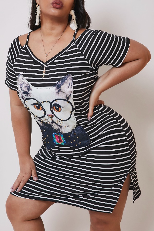 

lovely Casual Striped Print Knee Length Plus Size Dress, Stripe