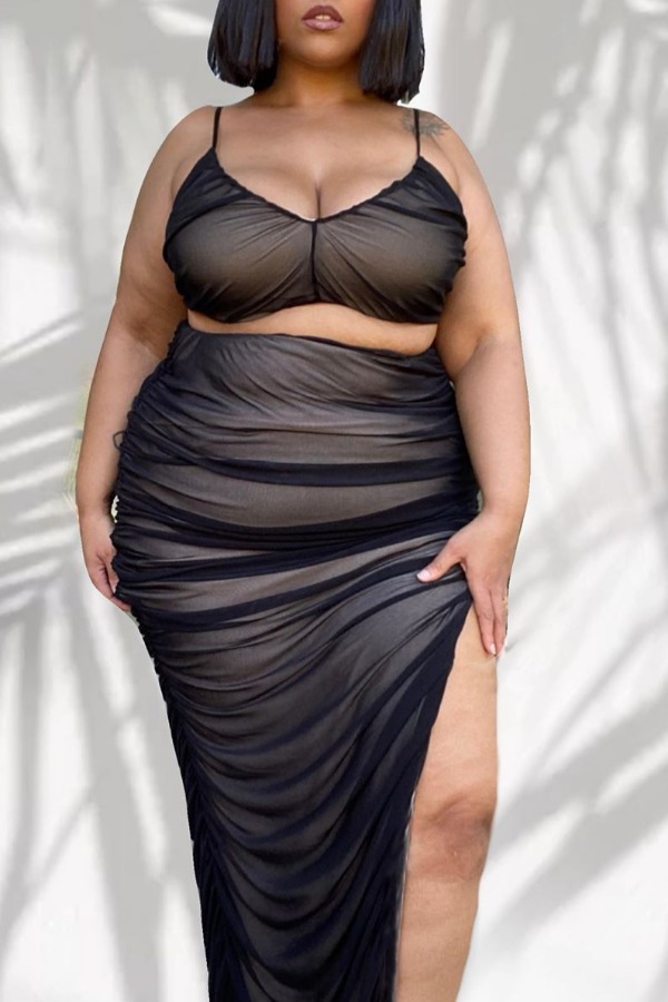 

lovely Sexy Fold Design Black Plus Size Two-piece Skirt Set