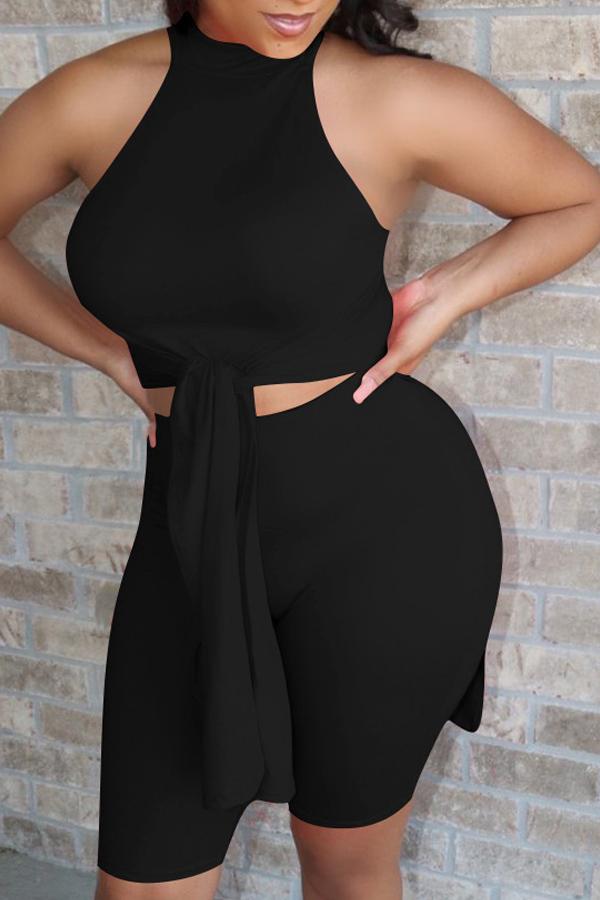 

lovely Stylish Lace-up Black Two-piece Shorts Set
