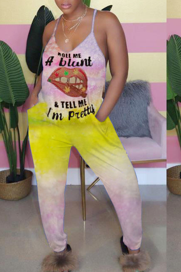

lovely Leisure Lip Print Yellow Plus Size One-piece Jumpsuit