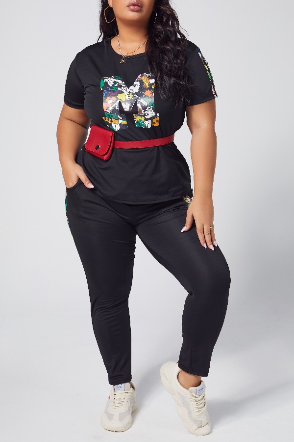 

lovely Casual O Neck Print Black Plus Size Two-piece Pants Set
